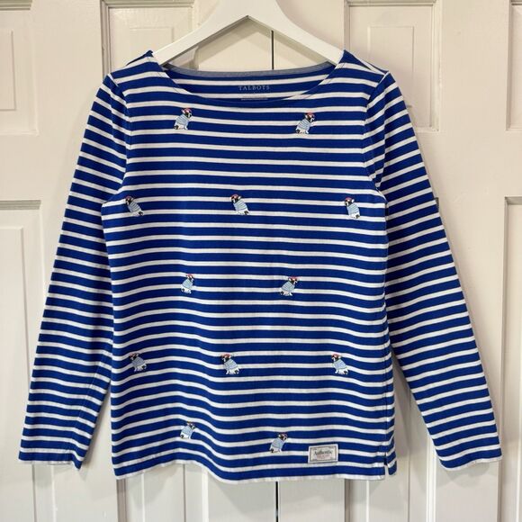 Talbots Stripe Blue Top Nautical Embroidered Frenchie 100% Cotton Preppy Small - Picture 2 of 11